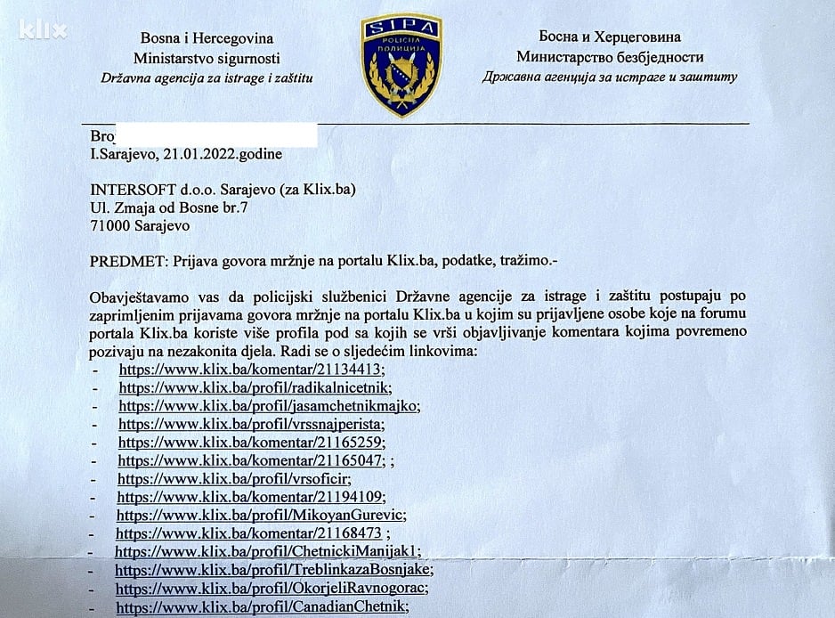 Jedan od najnovijih zahtjeva SIPA-e za podacima o korisnicima koji šire govor mržnje u komentarima