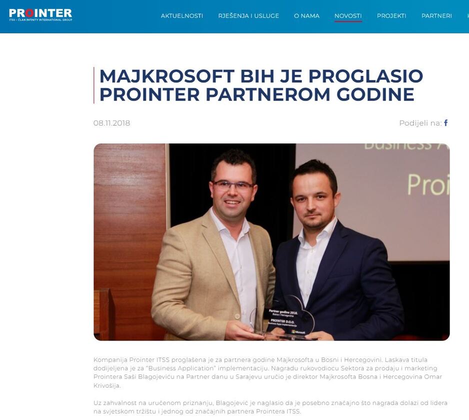 Microsoft BiH proglasio Prointer partnerom godine (8.11.2018.)