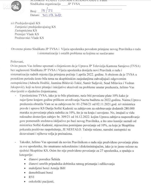 Pismo Sindikata i Vijeća uposlenika TVSA