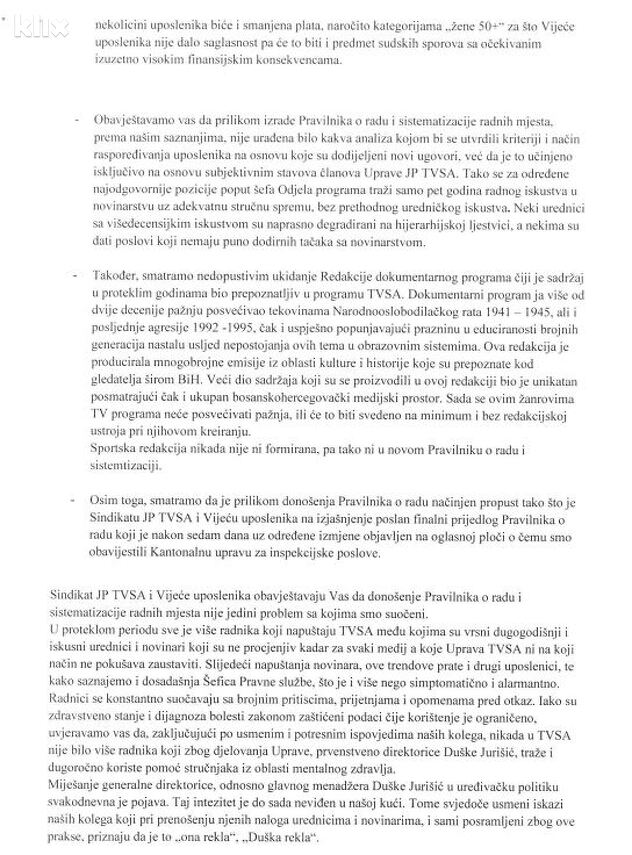 Pismo Sindikata i Vijeća uposlenika TVSA
