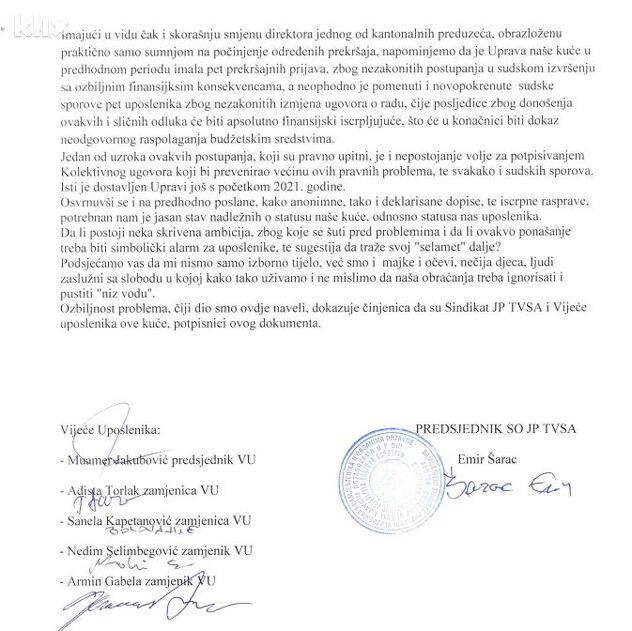 Pismo Sindikata i Vijeća uposlenika TVSA