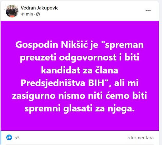 Objava Vedrana Jakupovića na Facebooku