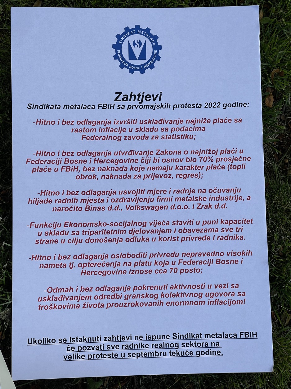 Zahtjevi koje je Sindikat metalaca FBiH uputio Vladi FBiH