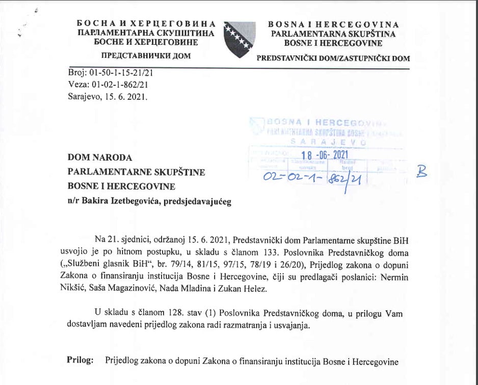 Screenshot: Izmjene Zakona o finansiranju institucija BiH dostavljene Domu naroda