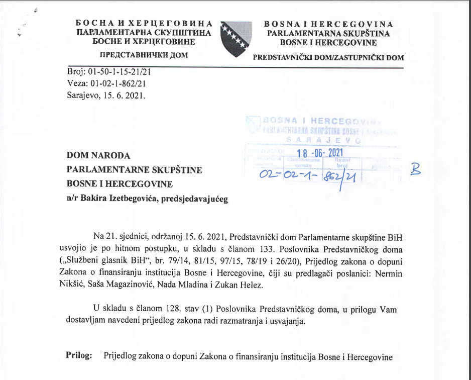 Screenshot: Izmjene Zakona o finansiranju institucija BiH dostavljene Domu naroda