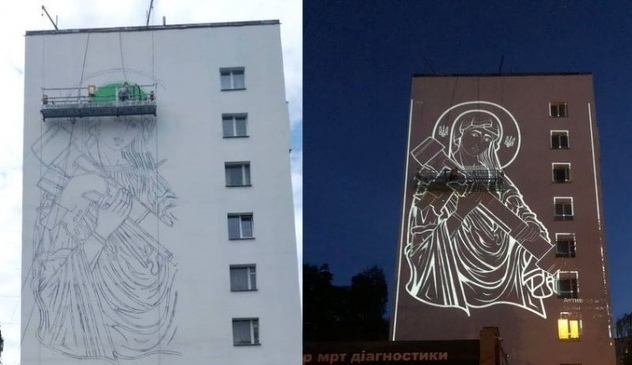 Mural prikazuje Bogorodicu koja drži Javelin