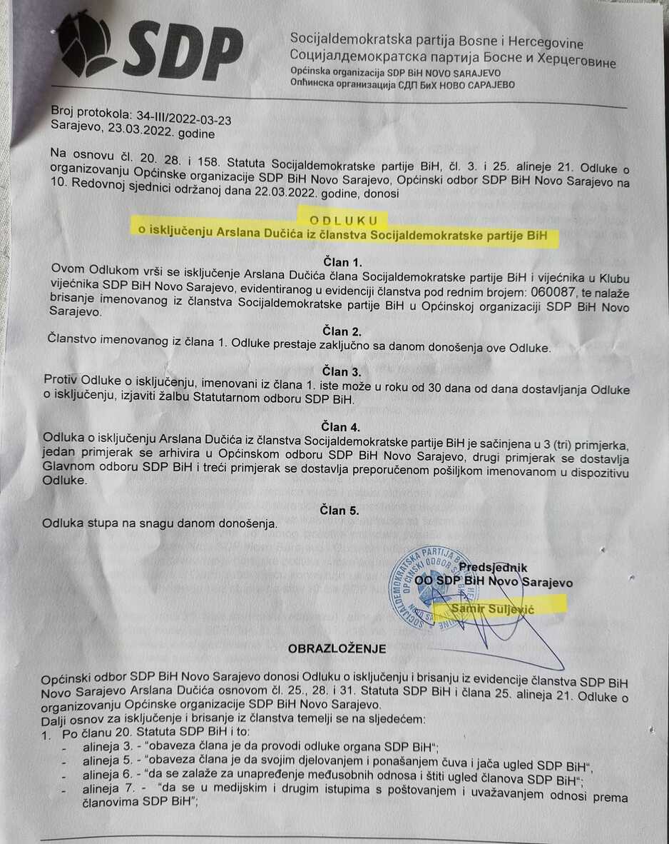 Odluka SDP-a o isključenju iz članstva