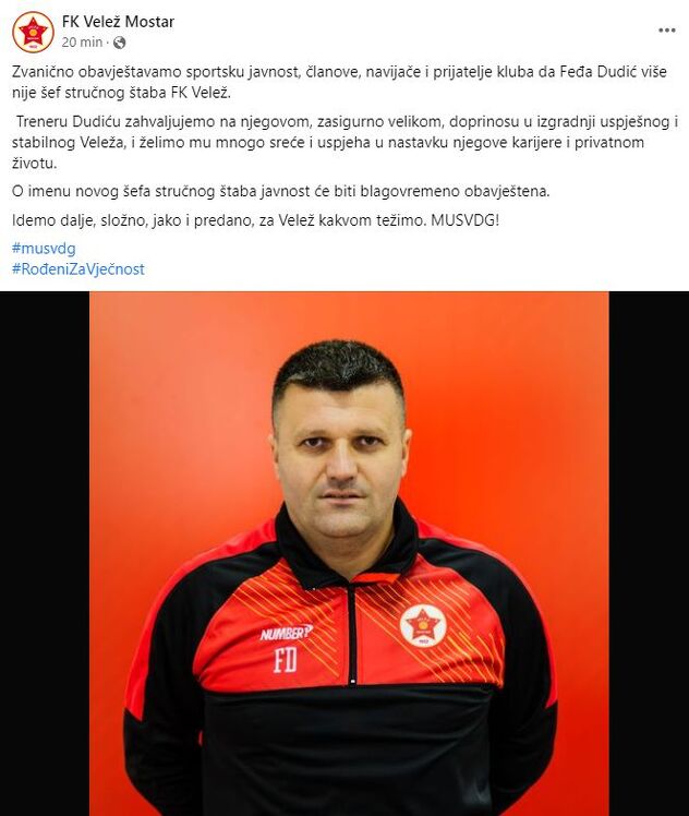 Objava FK Velež na Facebooku (Foto: Twitter)