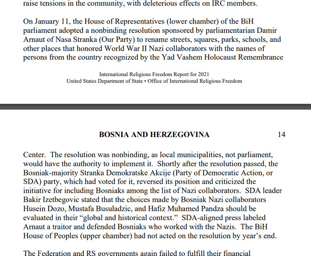 Dio izvještaja Ureda za međunarodne vjerske slobode, State Department-a