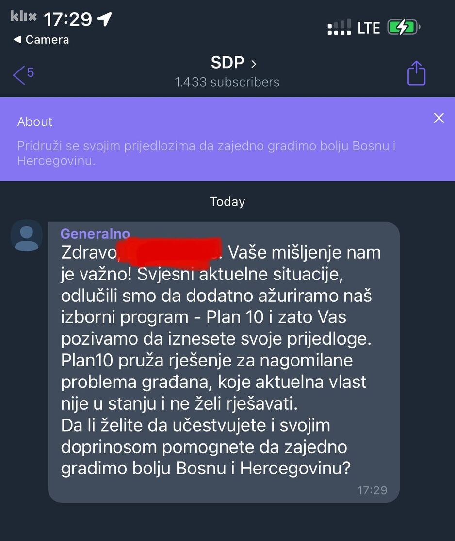 Pozdravna poruka na Viberu nakon skeniranja QR koda (Foto: Klix.ba)