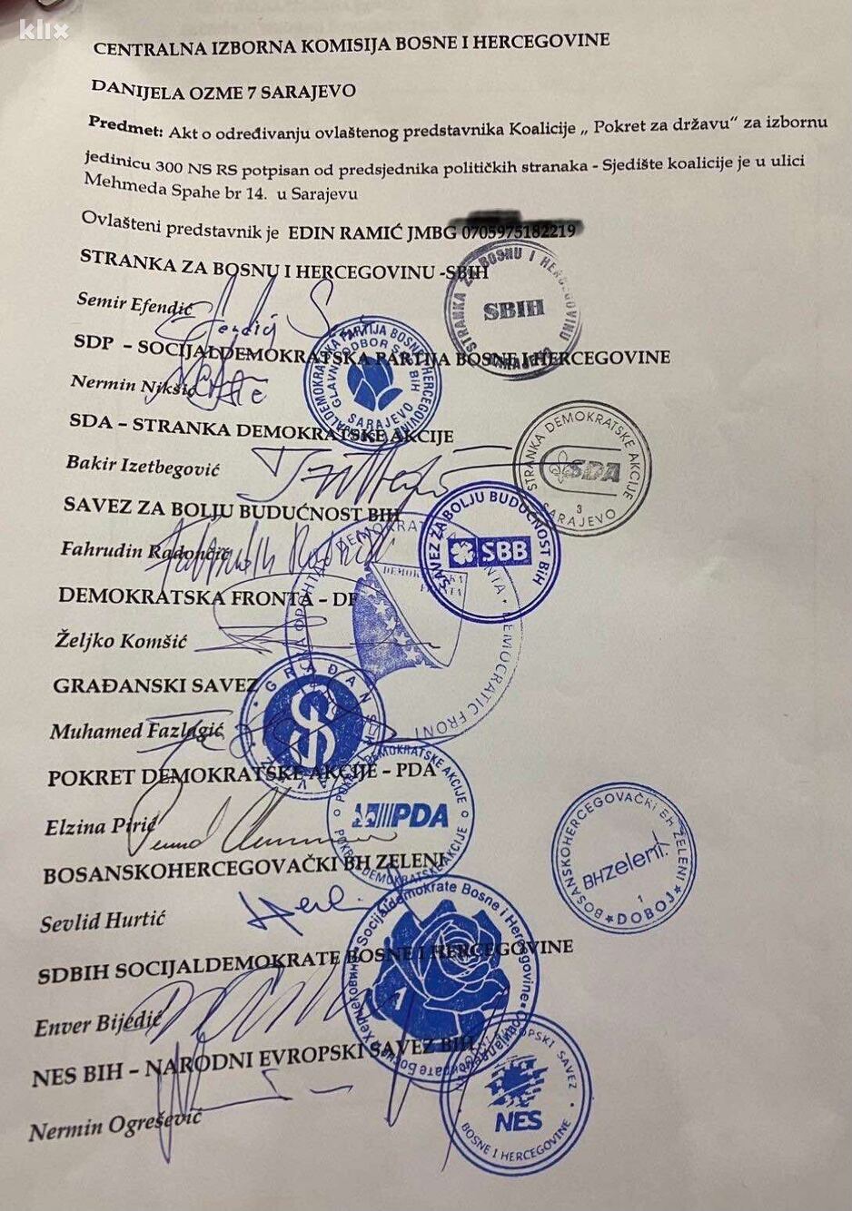Potpisi predsjednika stranaka koje će zajednički nastupiti u RS-u