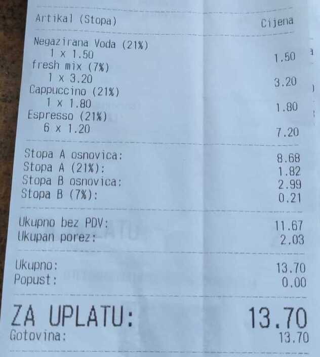 Račun iz kafića koji se nalazi uz samu plažu