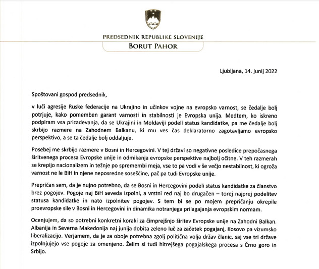 Pismo Boruta Pahora (Foto: Ured predsjednika Slovenije)