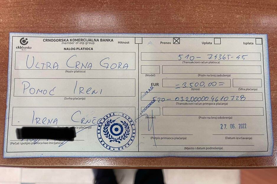 Uplatnica koju je popunila navijačka grupa iz Crne Gore (Foto: Facebook)