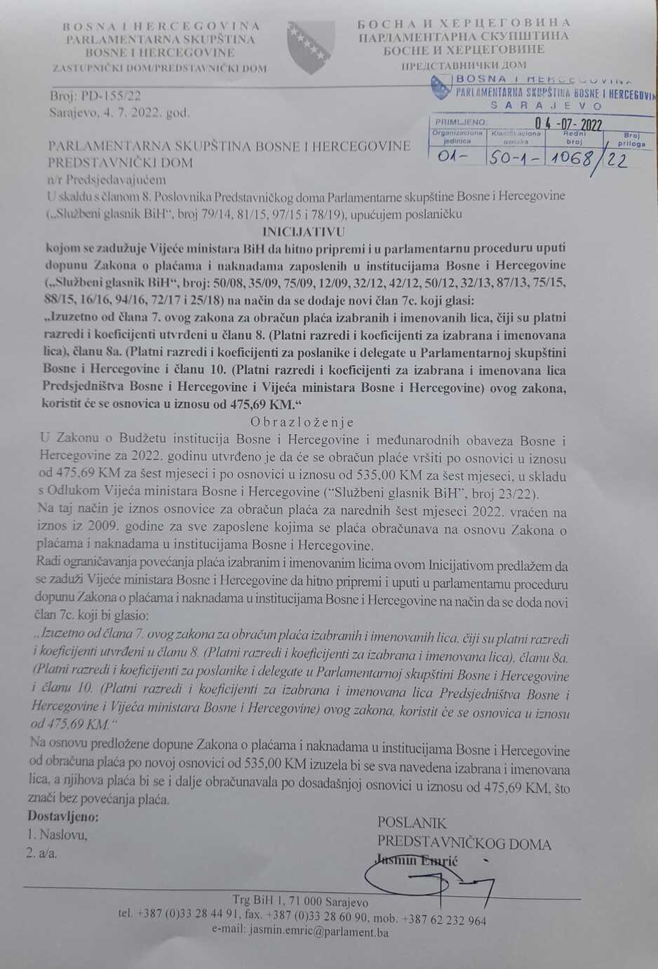 Inicijativa koju je uputio Emrić (Foto: Facebook/Jasmin Emrić)