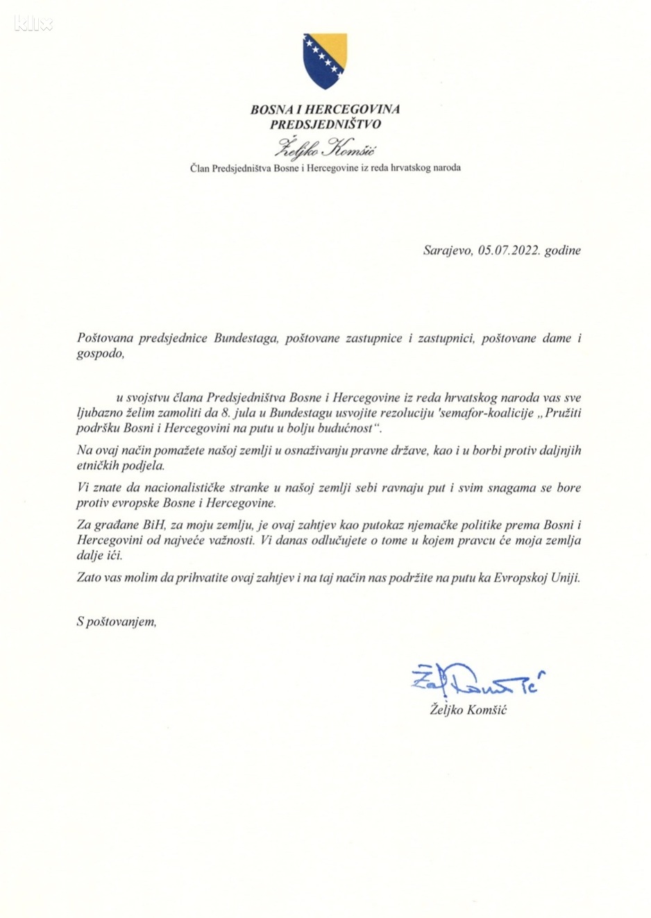Pismo Željka Komšića njemačkom Bundestagu