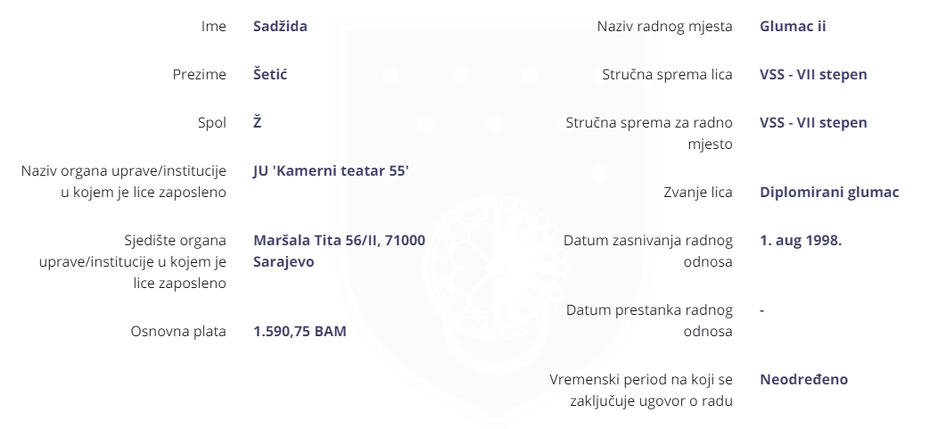 Sadžida Šetić u Registru zaposlenih u javnom sektoru KS