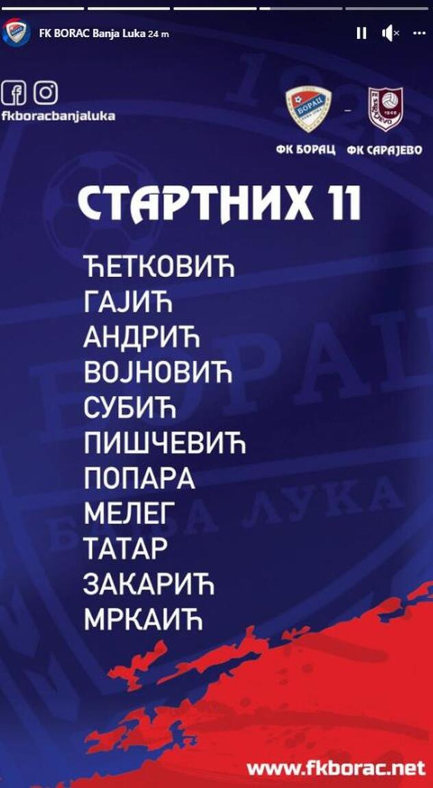 Početni sastav Borca za meč protiv Sarajeva