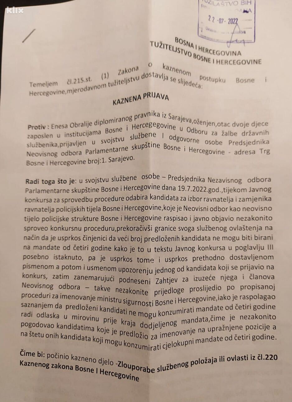 Krivična prijava koju je Svevlad Hofmann uputio državnom Tužilaštvu