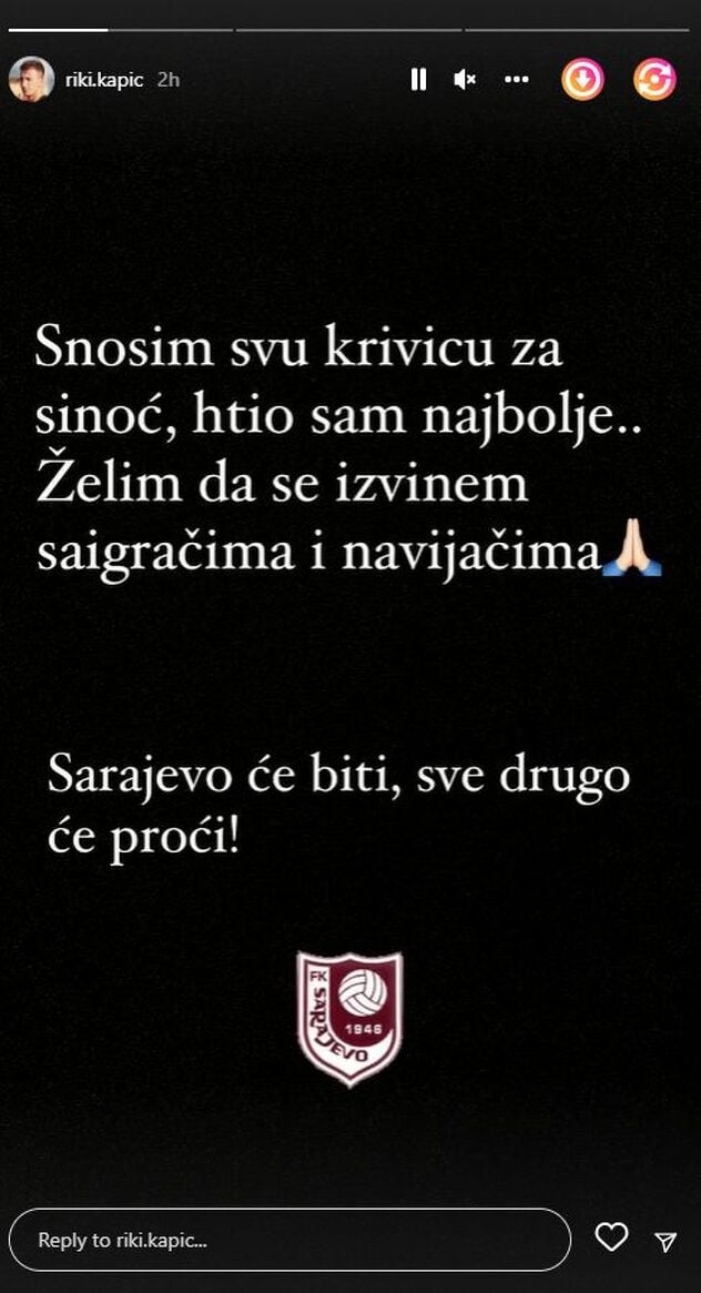 Status Rifeta Kapića na Instagram stroyju (Foto: Screenshot)