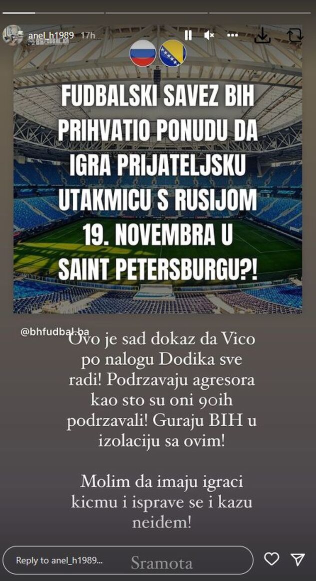 Poruka Anela Hadžića na Instagram storyju (Foto: Screenshot)