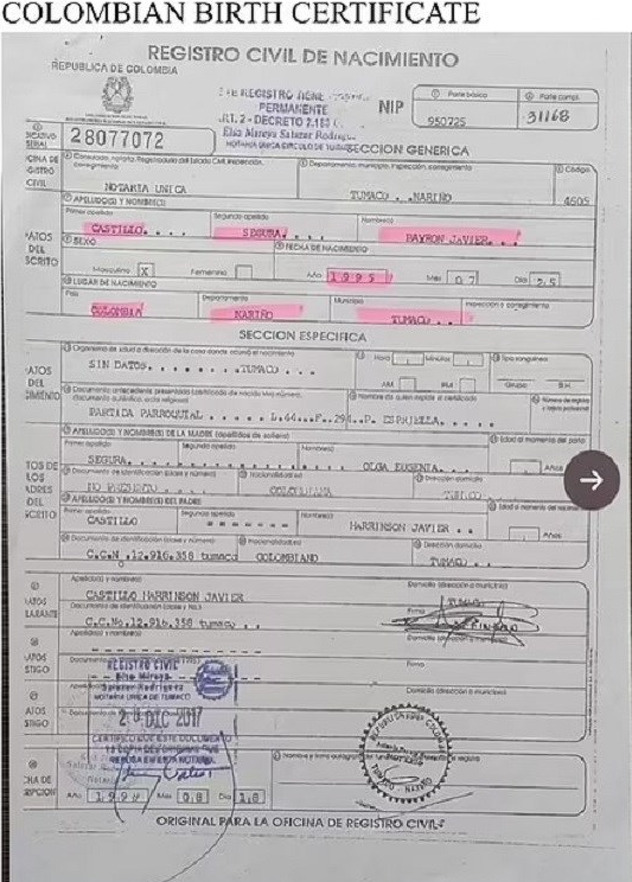 Rodni list koji potvrđuje da je Castillo lažirao identitet