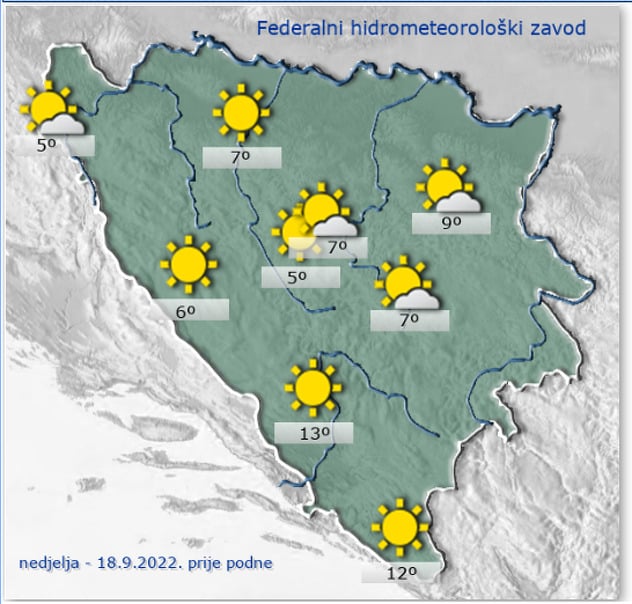 Vremenska prognoza za nedjeljno jutro u BiH (Izvor: FHMZ)