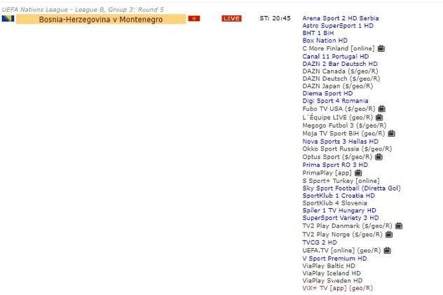 Lista kanala koji prenose utakmicu između BiH i Crne Gore (Foto: Screenshot)