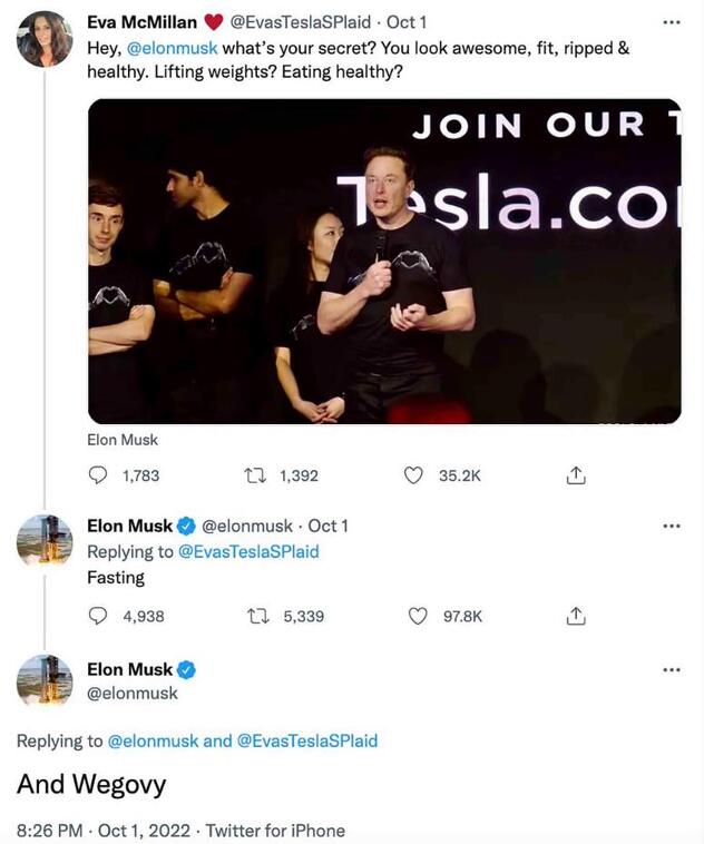 Objava u kooj je Musk otkrio da koristi Wegovy (Screenshot s Twittera)