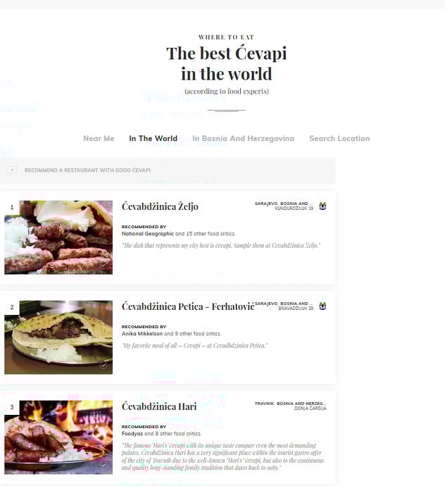 Stranica je napravila i popis mjesta gdje se mogu pojesti najbolji ćevapi