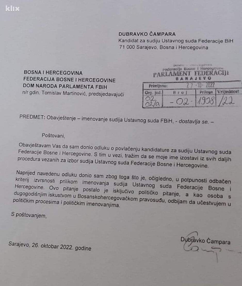 Pismo Dubravka Čampare predsjedavajućem Domu naroda FBiH