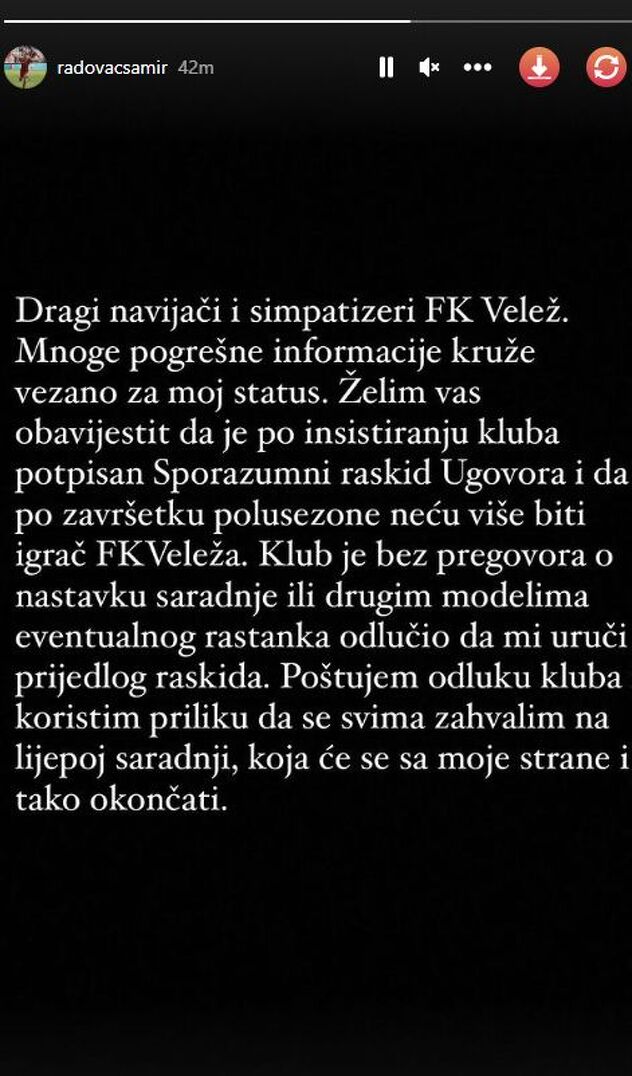 Poruka Samira Radovca na Instagramu (Foto: Screenshot)