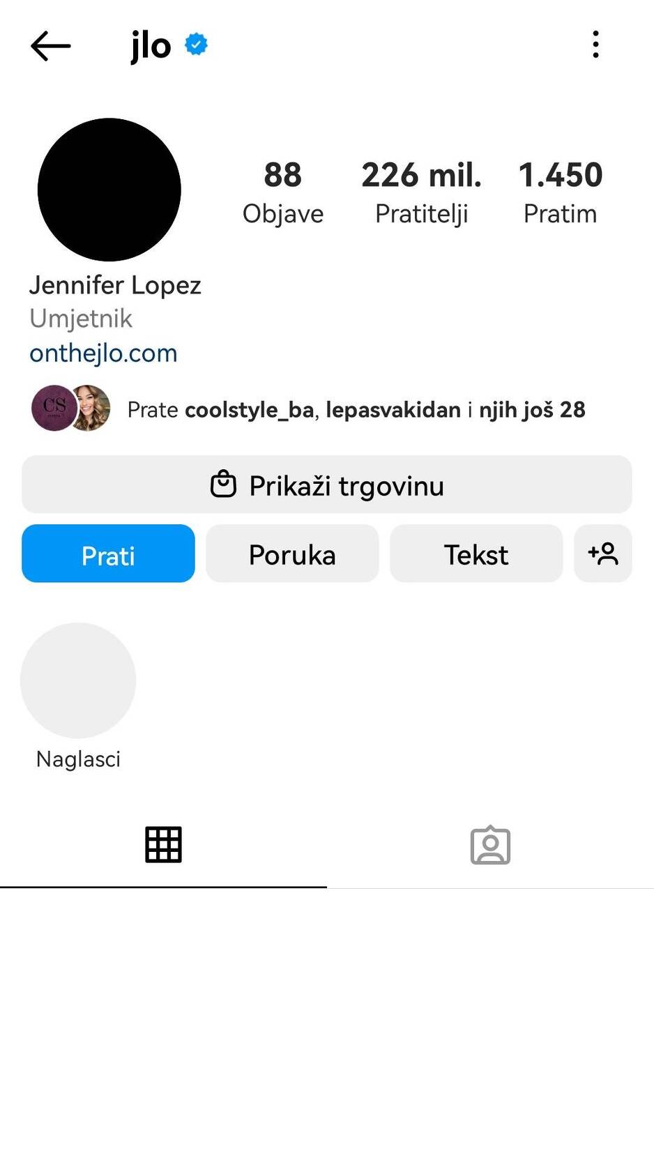 Screenhot Instagram profila Jennifer Lopez
