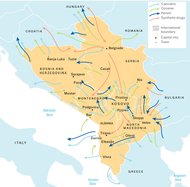 Rute narkotika na Zapadnom Balkanu (Izvor: Evropski centar za praćenje droga)