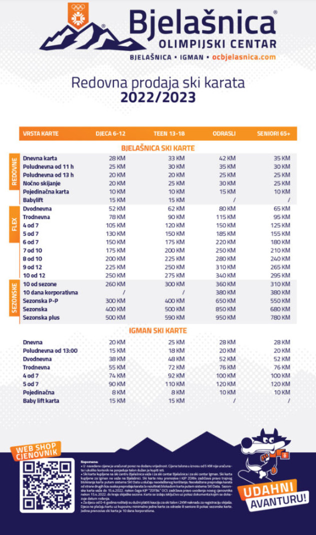 Cjenovnik za zimsku sezonu 2022/2023