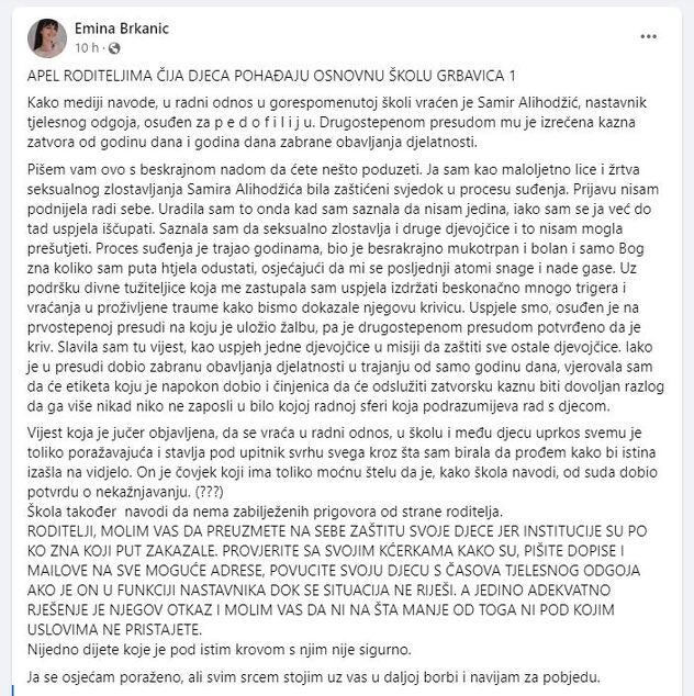 Facebook status Emine Brkanić