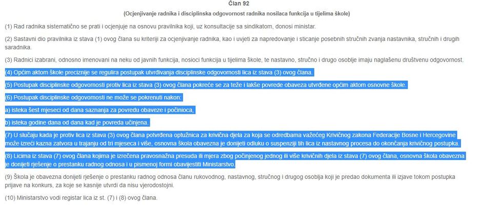 Član 92. Zakona o osnovnom odgoju i obrazovanju KS