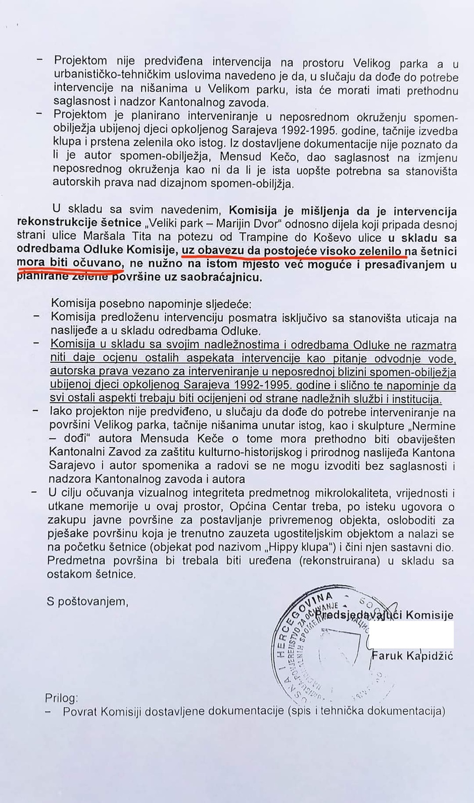 Odluka Komisije za očuvanje nacionalnih spomenika BiH (Foto: GI Za bolje i ljepše Sarajevo)