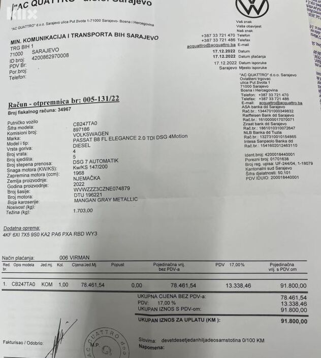 Faktura za kupovinu novog automobila