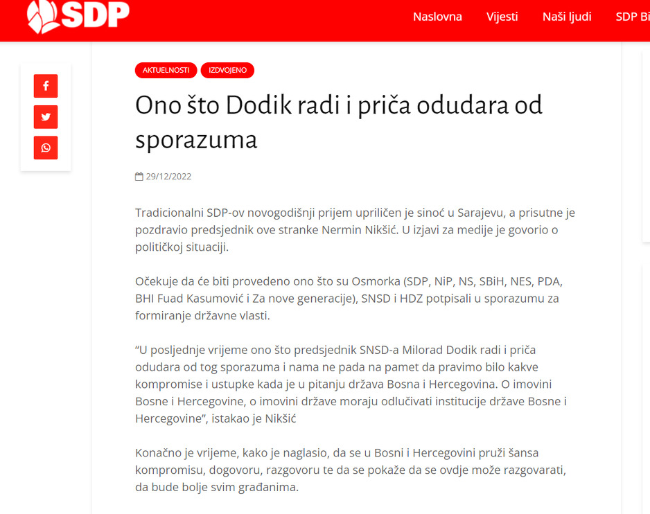Korigovano saopćenje na sajtu SDP-a