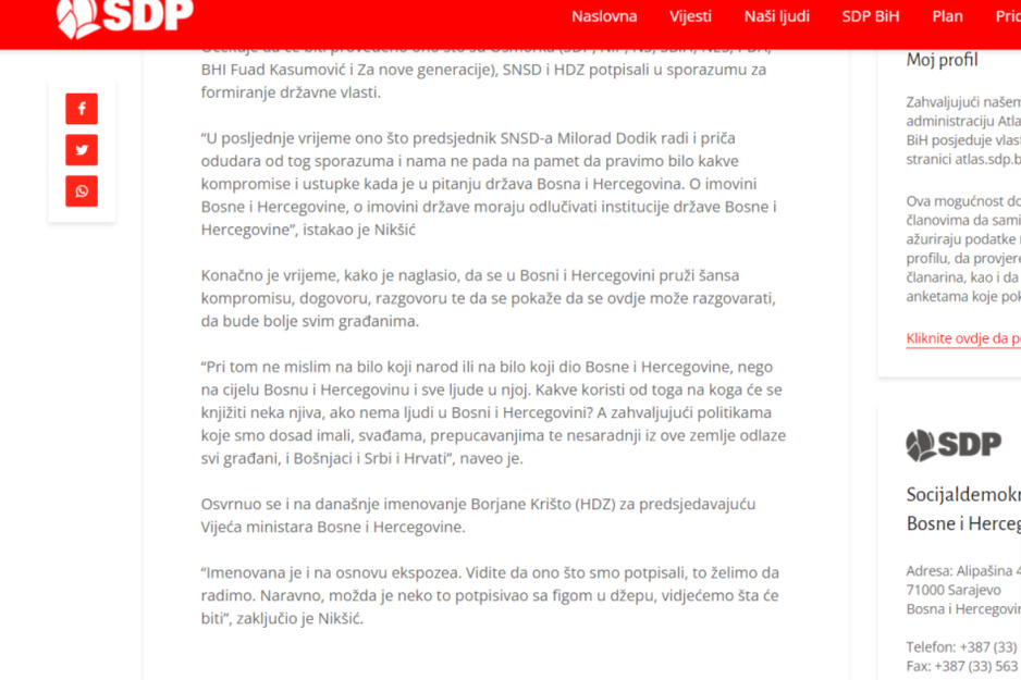 Saopćenje prije dva dana na sajtu SDP-a