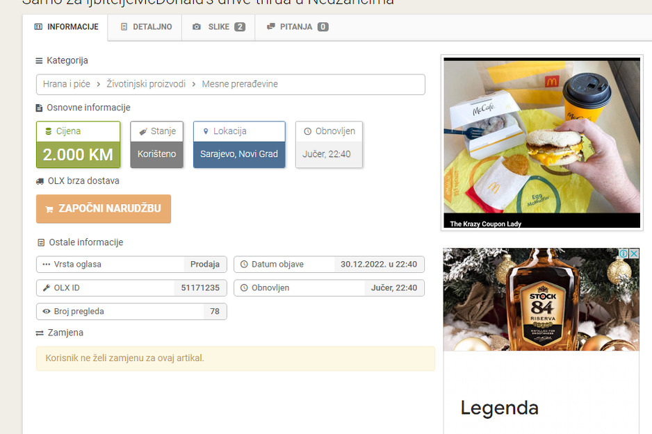 Prodaje se hamburger za 2.000 KM (Screenshot: Olx.ba)