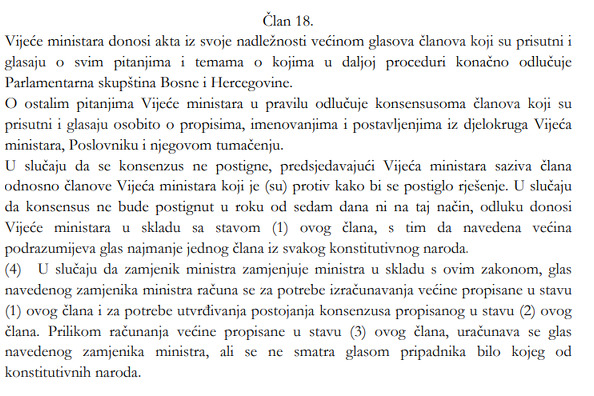Dio Zakona o Vijeću ministara BiH, koji određuje kako se glasa