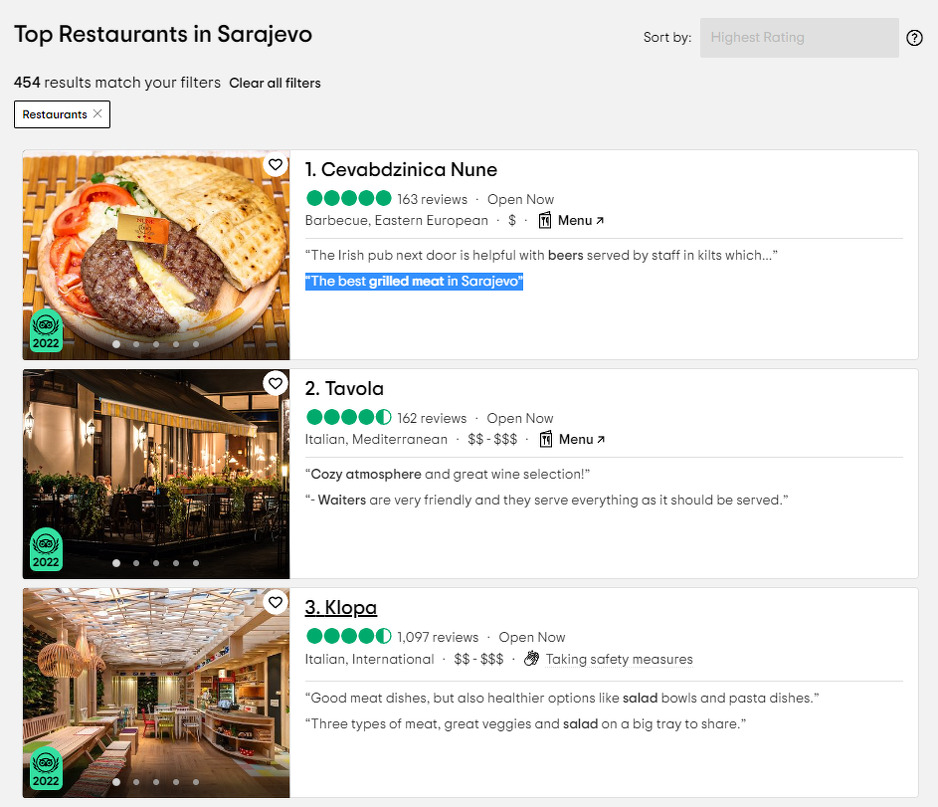 Popis najboljih restorana na Tripadvisoru