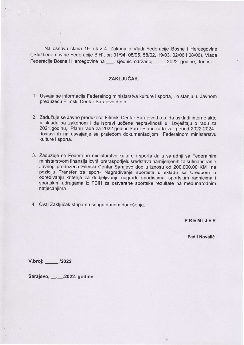 Zaključak Vlade Federacije BiH
