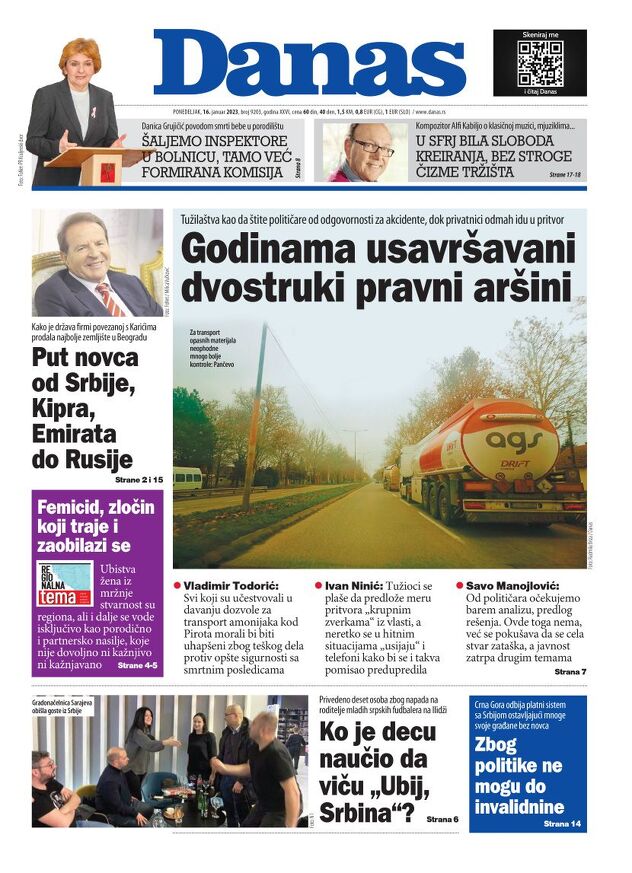 Naslovnica lista Danas