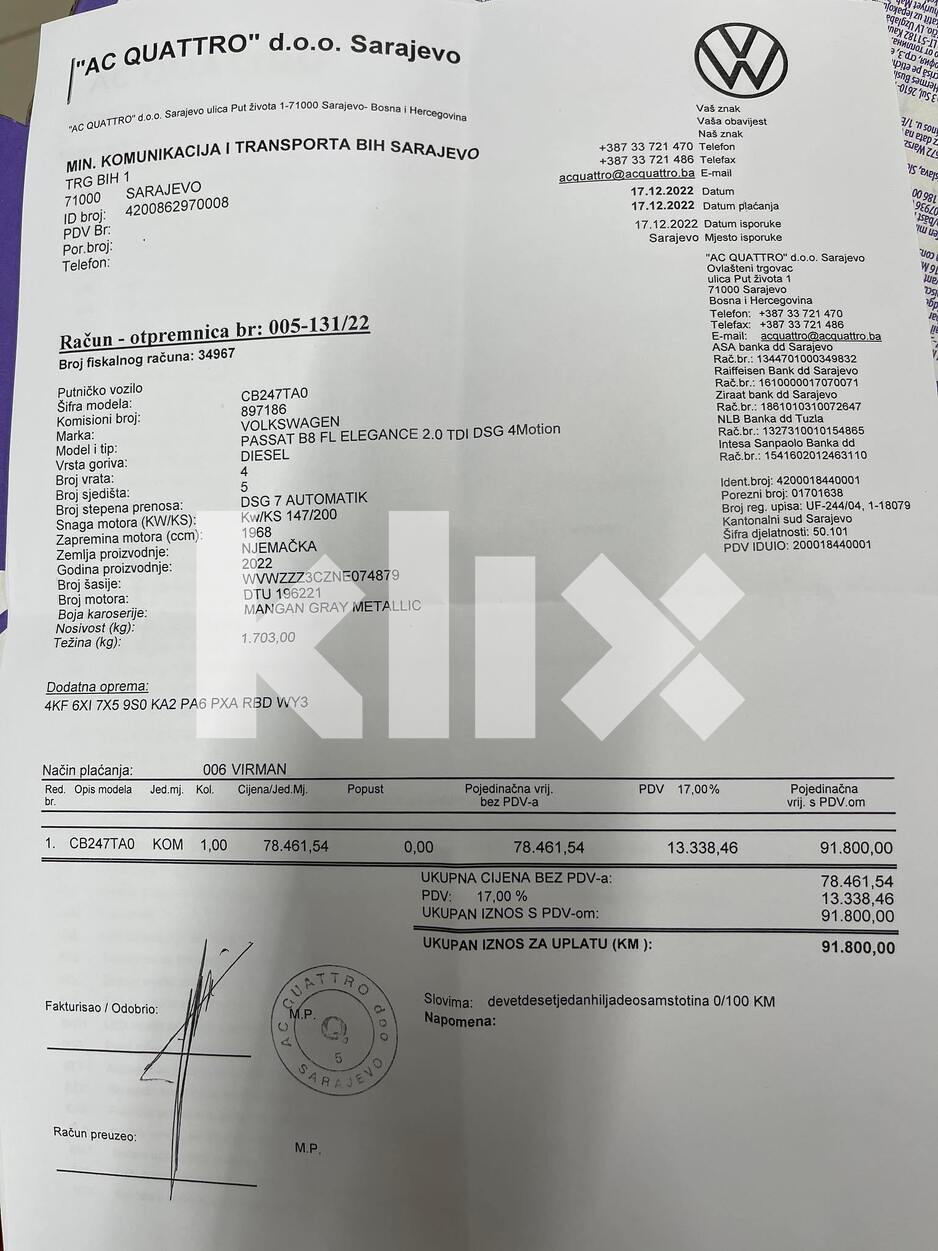 Račun vozila za Ministarstvo prometa i komunikacija BiH