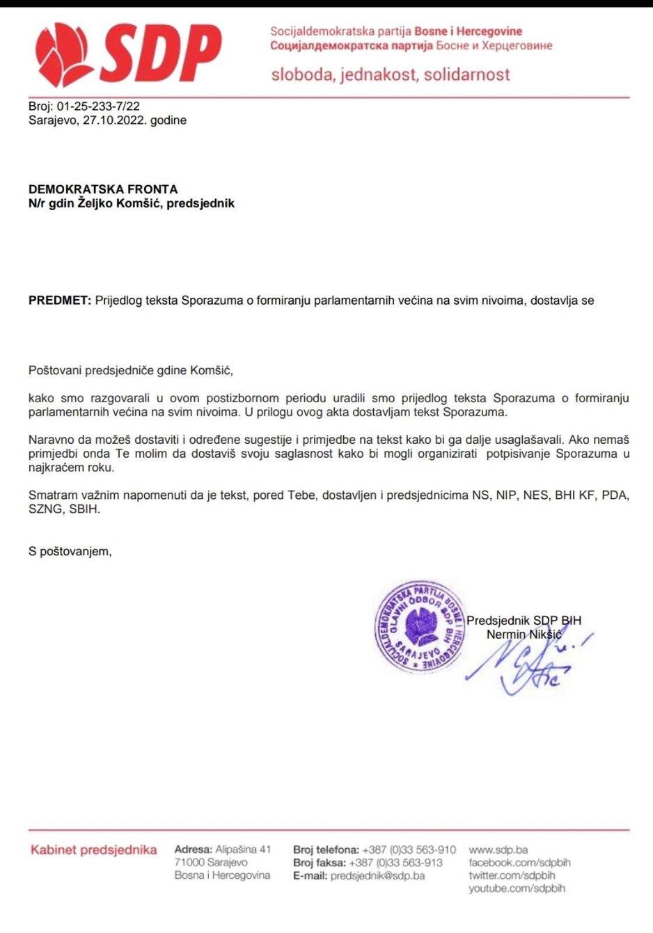 Poziv upućen 27. oktobra 2022.