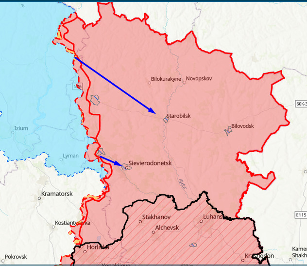 Mogući pravci ukrajinskog napredovanja u Luganjsku (Mapa: ISW)