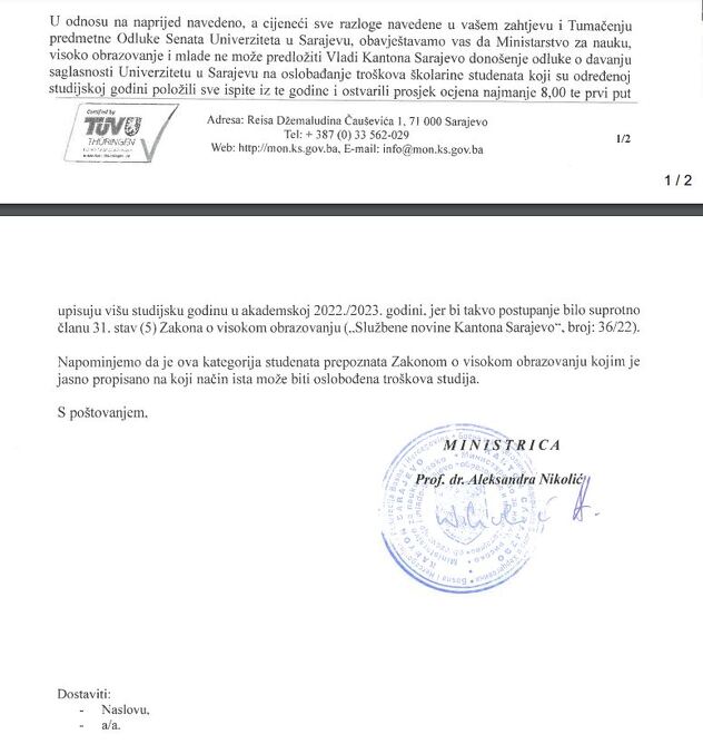 Odgovor Ministarstva za nauku, visoko obrazovanje i mlade upućen Stomatološkom fakultetu